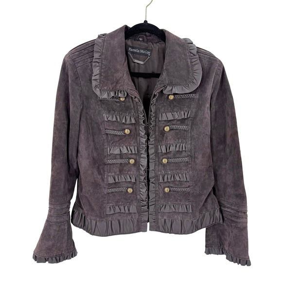 Pamela McCoy Jackets & Blazers - Vintage Pamela McCoy Brown Genuine Suede Leather Ruffle Military Jacket Large